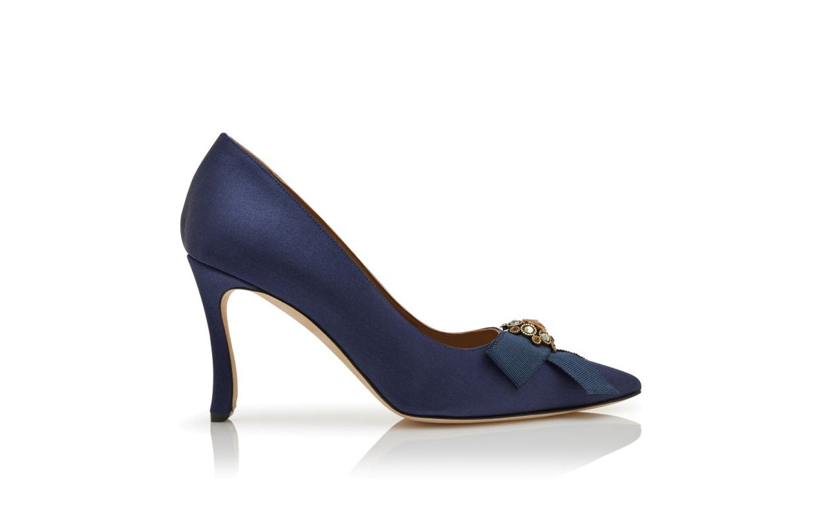 Celeste Velvet Blue Bow Detail Pumps – side profile showing blue bow detail, pointed toe, satin, Vowalisse