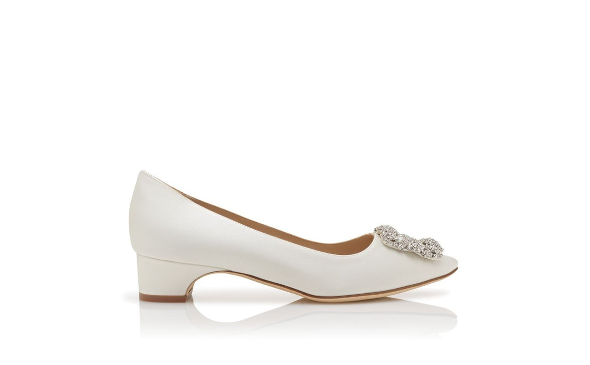Leonora Halo White Jewel Buckle Pumps – side profile showing white jewel buckle, crystal buckle, almond toe, satin…