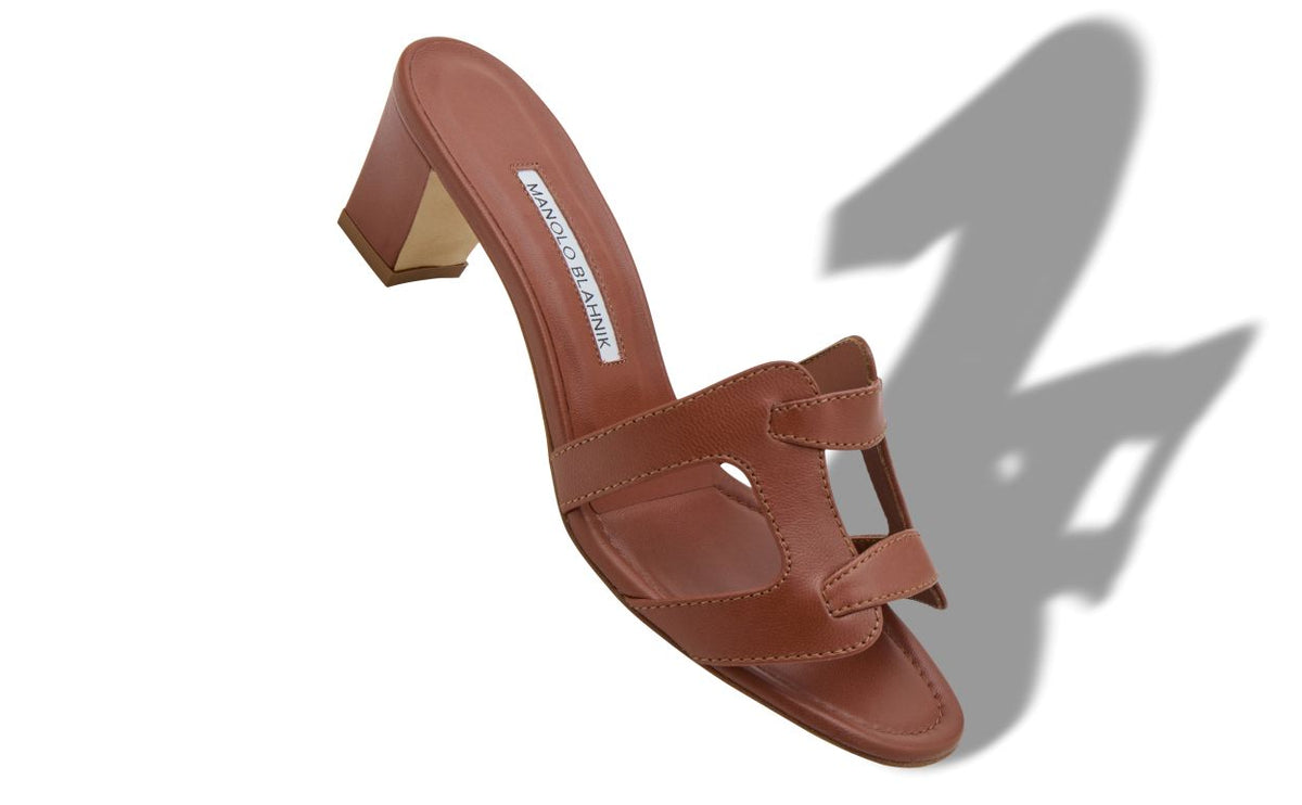 Lucienne Muse Brown Open Toe Mules – front three-quarter view showing brown open toe, nappa leather, Vowalisse