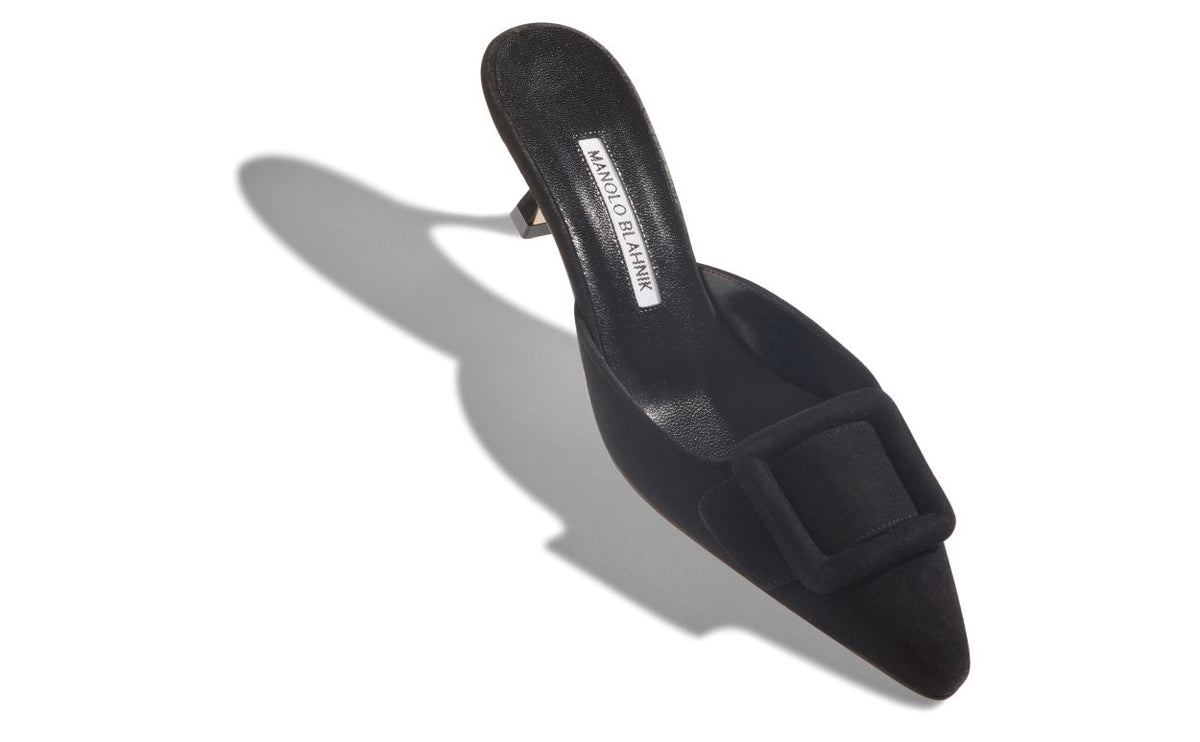 Ophelia Belle Black Suede Mules – front three-quarter view showing black suede, Vowalisse