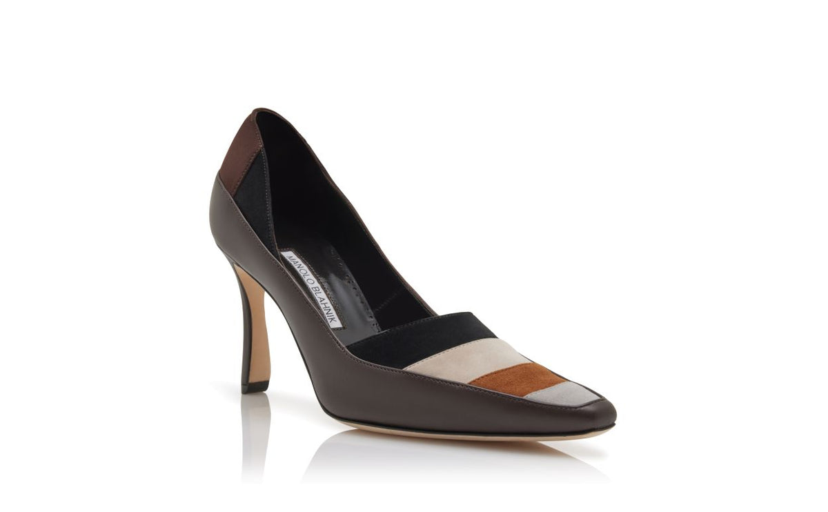 Ophelia Shine Brown Almond Toe Pumps – top view showing brown almond toe, suede, nappa leather, Vowalisse