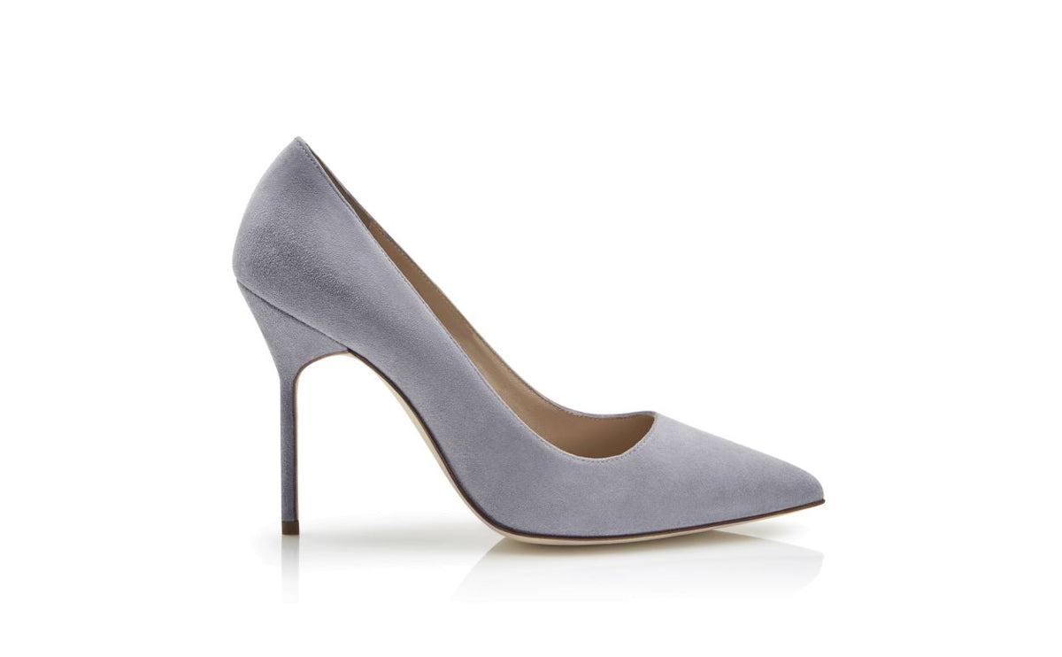 Celeste Crown Grey Pointed Toe Pumps – side profile showing grey pointed toe, suede, Vowalisse