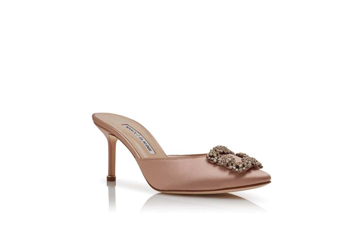 Lunette Pearl Neutral Jewel Buckle Mules – top view showing neutral jewel buckle, crystal buckle, almond toe, satin…