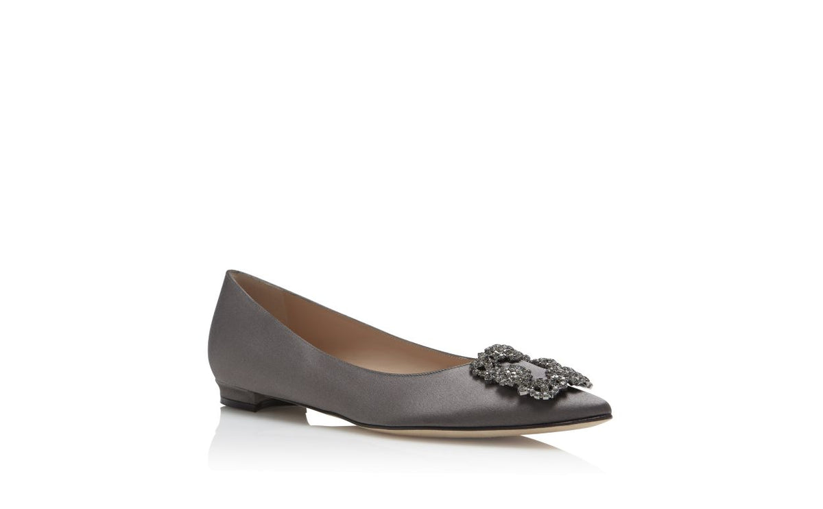 Odette Dream Grey Jewel Buckle Pumps – top view showing grey jewel buckle, crystal buckle, almond toe, satin, Vowalisse