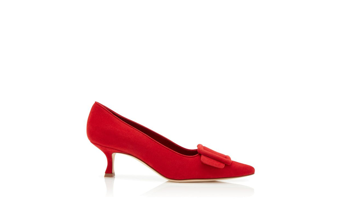 Emmeline Dream Red Pointed Toe Pumps – side profile showing red pointed toe, suede, Vowalisse