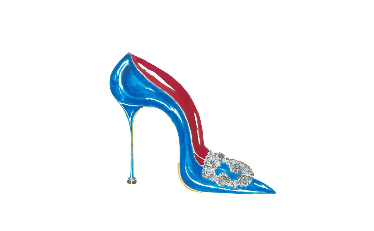 Seraphina Belle Blue Jewel Buckle Pumps – heel view showing blue jewel buckle, crystal buckle, almond toe, satin, Vowalisse