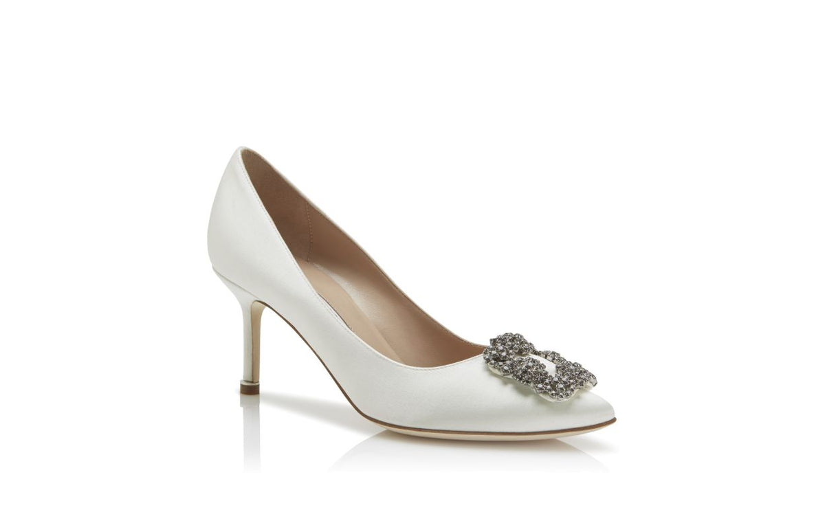 Cressida Belle White Jewel Buckle Pumps – top view showing white jewel buckle, crystal buckle, almond toe, satin, Vowalisse