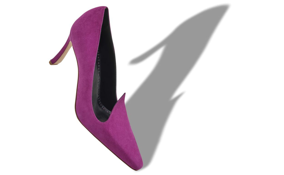 Lucienne Star Purple Almond Toe Pumps – front three-quarter view showing purple almond toe, suede, Vowalisse