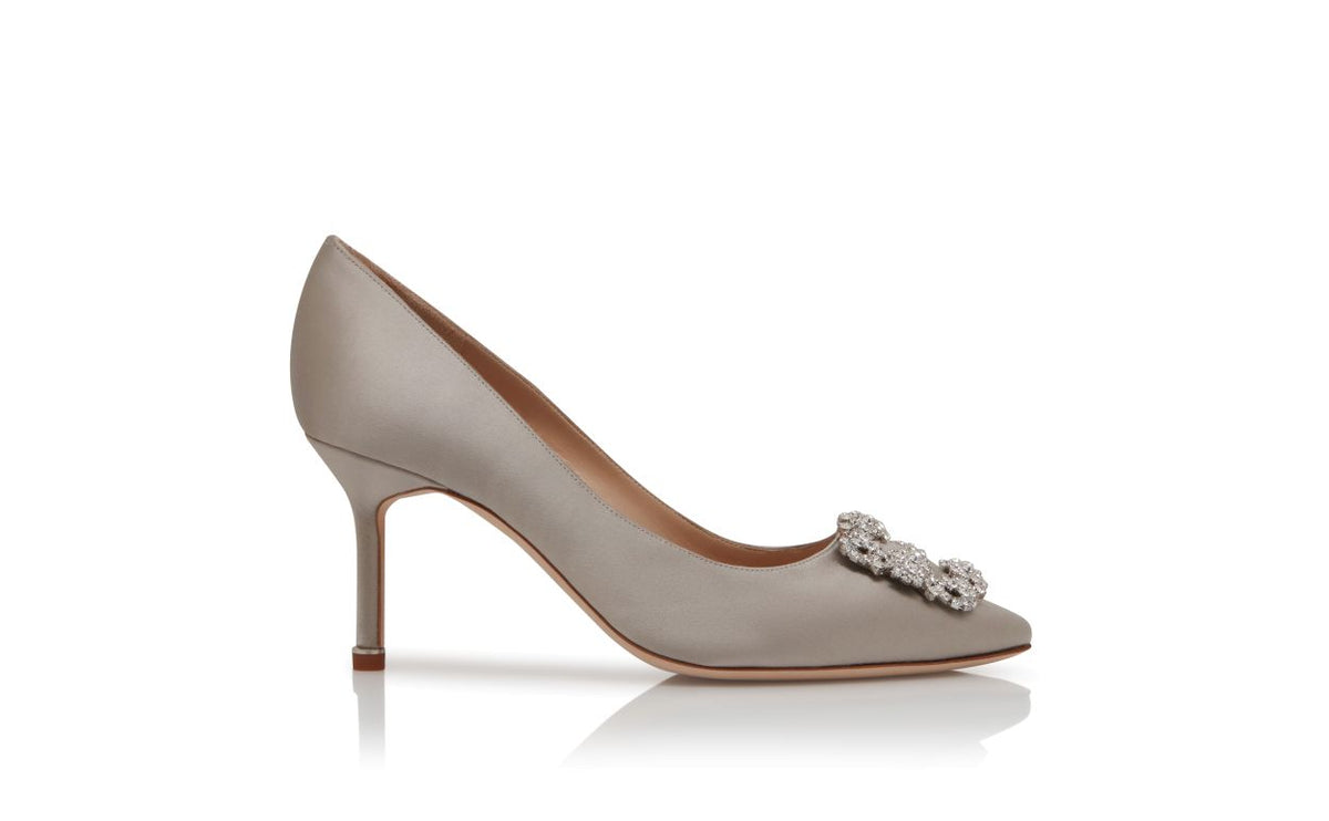 Anastasia Halo Grey Jewel Buckle Pumps – side profile showing grey jewel buckle, crystal buckle, almond toe, satin…