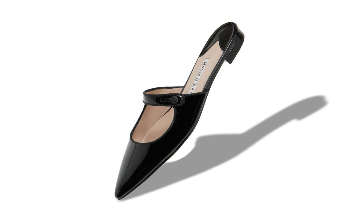 Rosalie Halo Black Patent Leather Mules – front three-quarter view showing black patent leather, Vowalisse