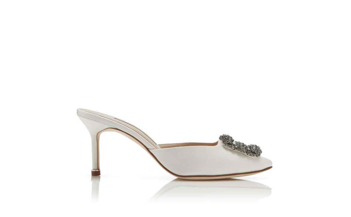 Noelle Dawn White Jewel Buckle Mules – side profile showing white jewel buckle, crystal buckle, almond toe, satin…