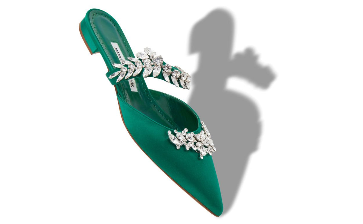 Isadora Grace Green Crystal Embellished Mules – front three-quarter view showing green crystal embellished, satin…