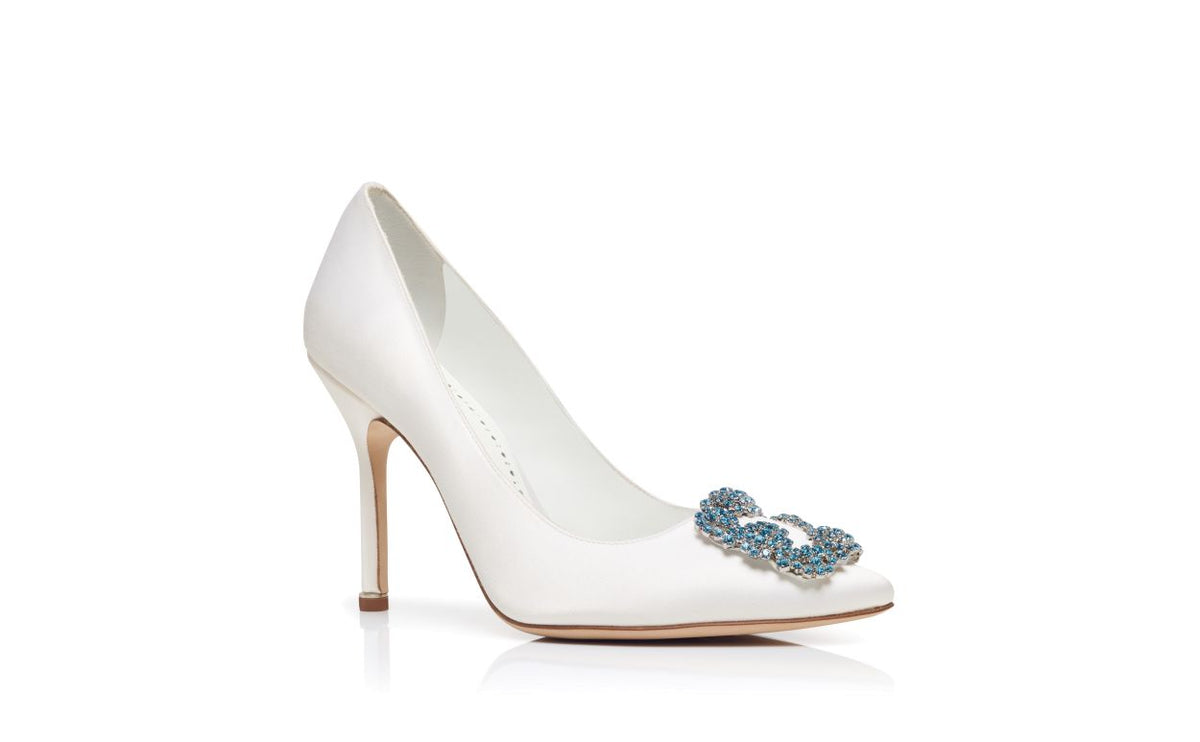 Aurelia Pearl White Jewel Buckle Pumps – top view showing white jewel buckle, crystal buckle, almond toe, satin, Vowalisse