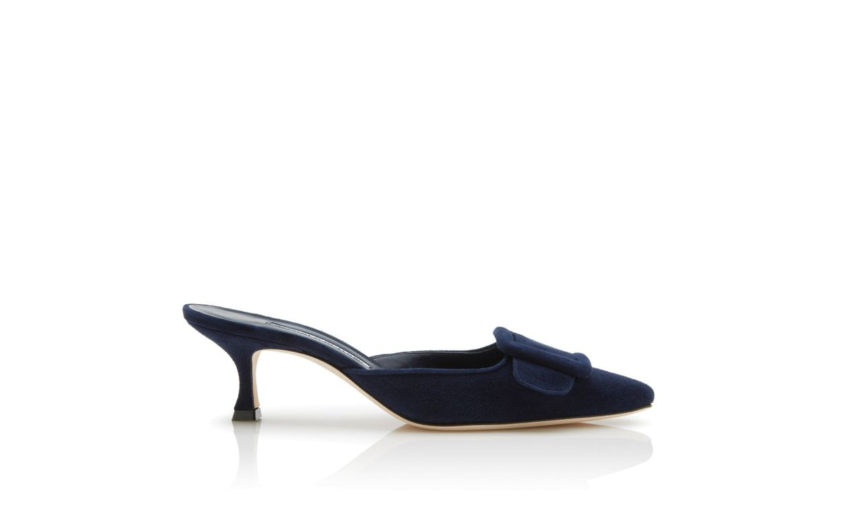 Anastasia Belle Blue Suede Mules – side profile showing blue suede, Vowalisse