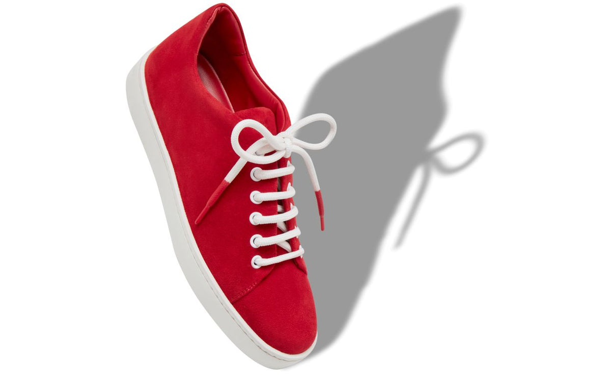 Genevieve Jewel Red Round Toe Sneakers – front three-quarter view showing red round toe, suede, lace, Vowalisse