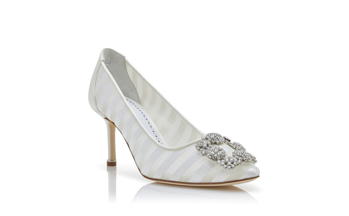 Bianca Pearl White Jewel Buckle Pumps – top view showing white jewel buckle, crystal buckle, almond toe, Vowalisse