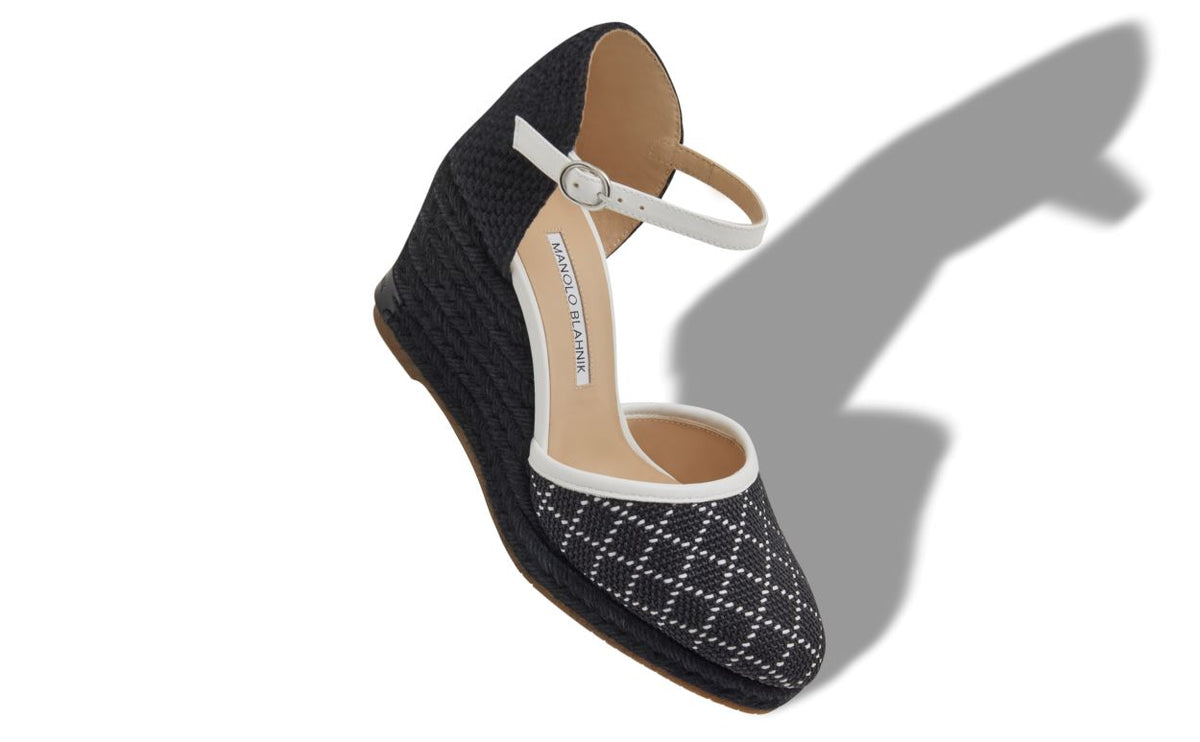 Elara Shine Black Ankle Strap Espadrilles – front three-quarter view showing black ankle strap, round toe, nappa leather…