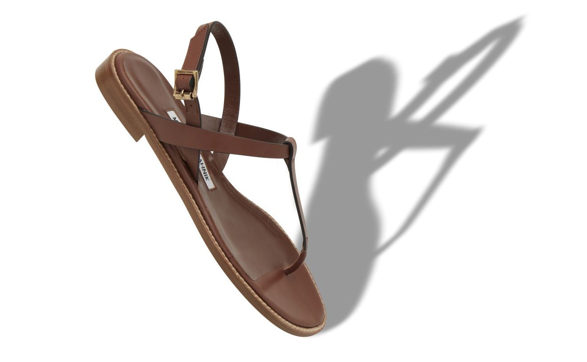 Marielle Flame Brown Ankle Strap T-Bar Shoes – front three-quarter view showing brown ankle strap, open toe, Vowalisse