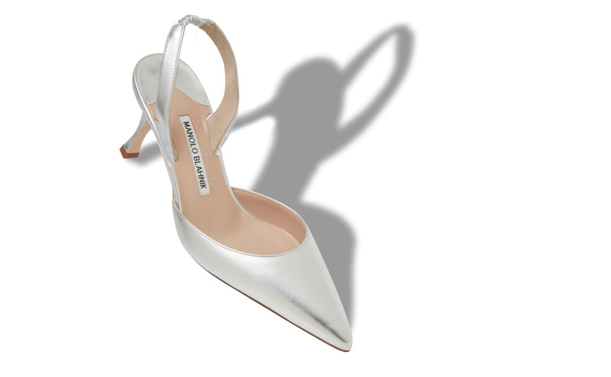 Evangeline Crown Silver Slingback Slingbacks – front three-quarter view showing silver slingback, almond toe, nappa leather…