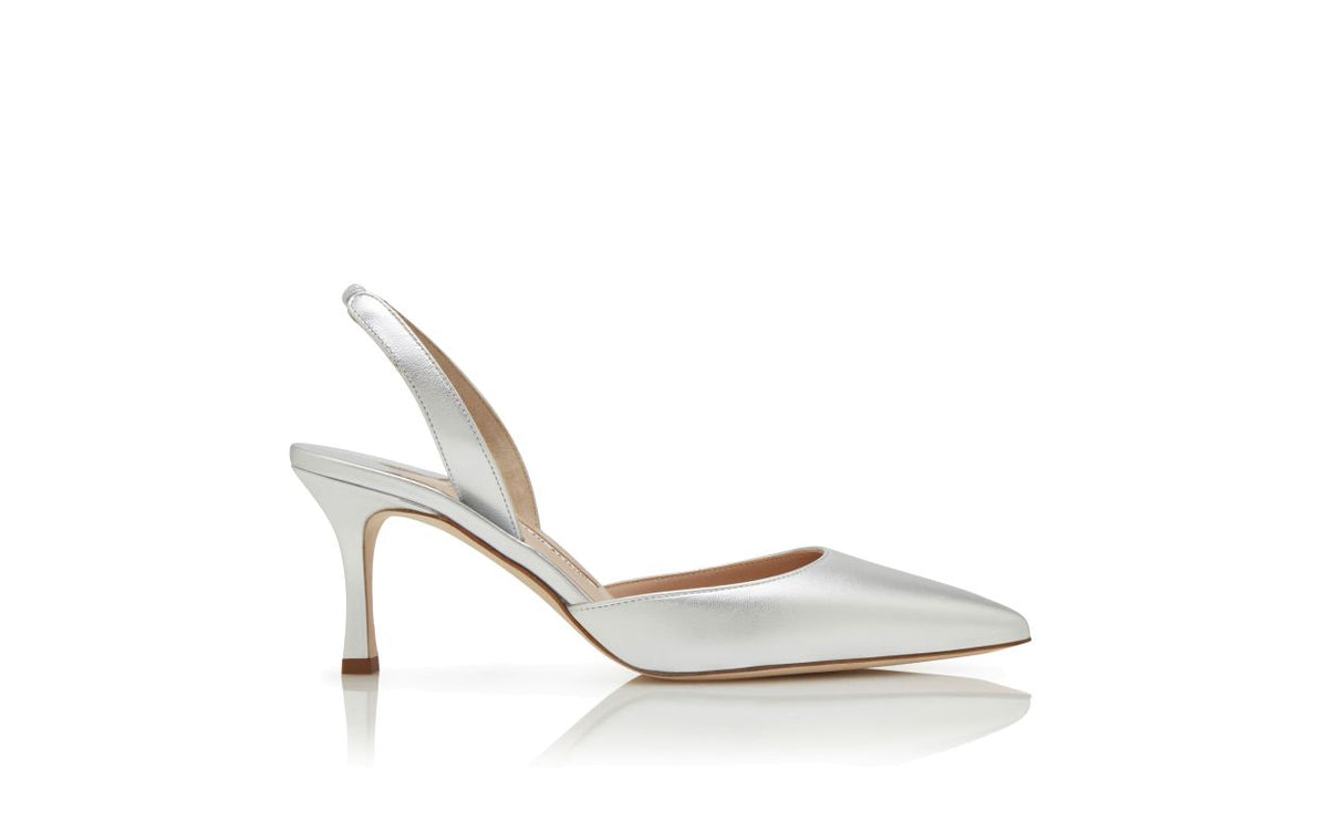 Evangeline Crown Silver Slingback Slingbacks – side profile showing silver slingback, almond toe, nappa leather, Vowalisse