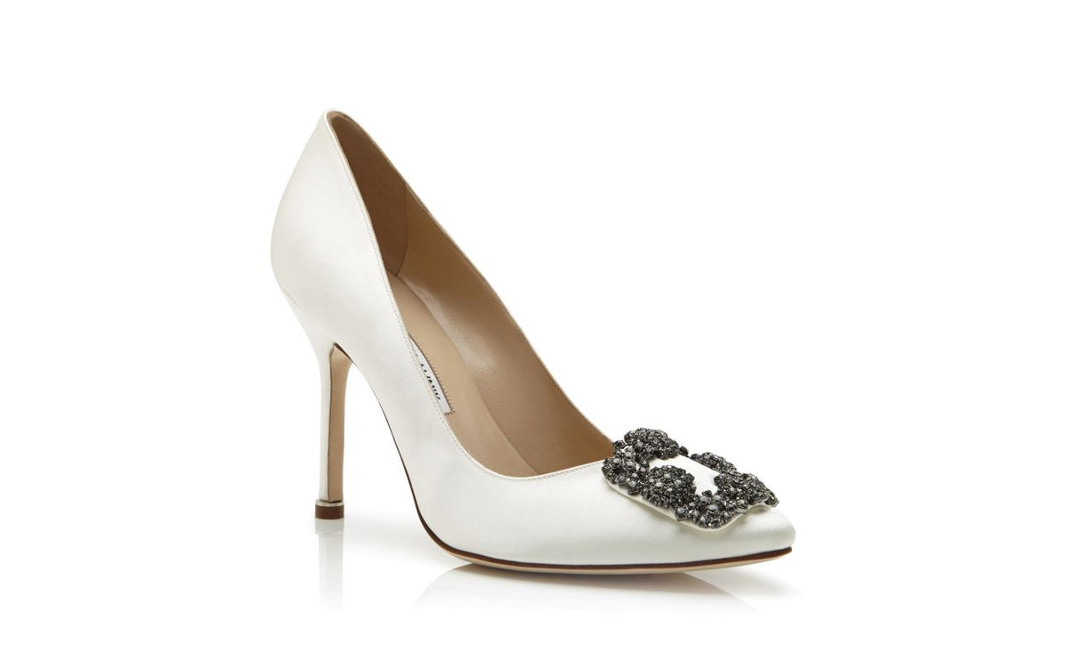 Amelie Belle White Jewel Buckle Pumps – top view showing white jewel buckle, crystal buckle, almond toe, satin, Vowalisse