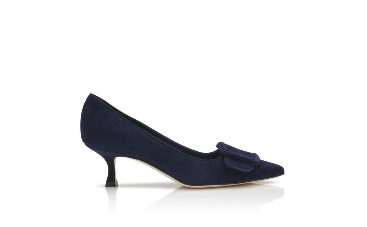 Valentina Bloom Blue Pointed Toe Pumps – side profile showing blue pointed toe, suede, Vowalisse