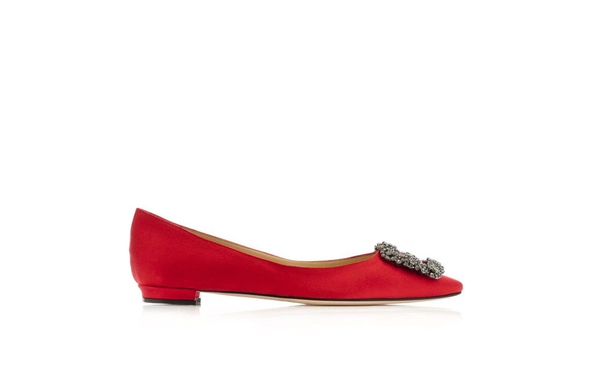 Valentina Dawn Red Jewel Buckle Pumps – side profile showing red jewel buckle, crystal buckle, almond toe, satin, Vowalisse