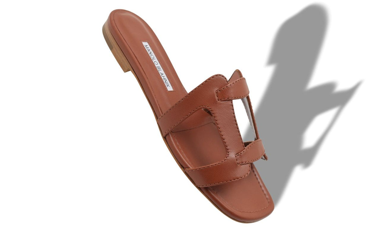 Juliette Halo Brown Open Toe Mules – front three-quarter view showing brown open toe, nappa leather, Vowalisse