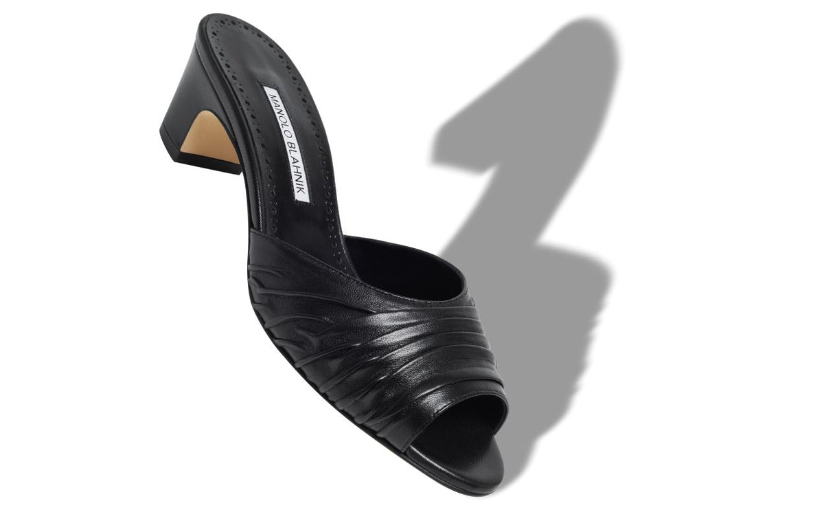 Noelle Jewel Black Open Toe Mules – front three-quarter view showing black open toe, nappa leather, Vowalisse