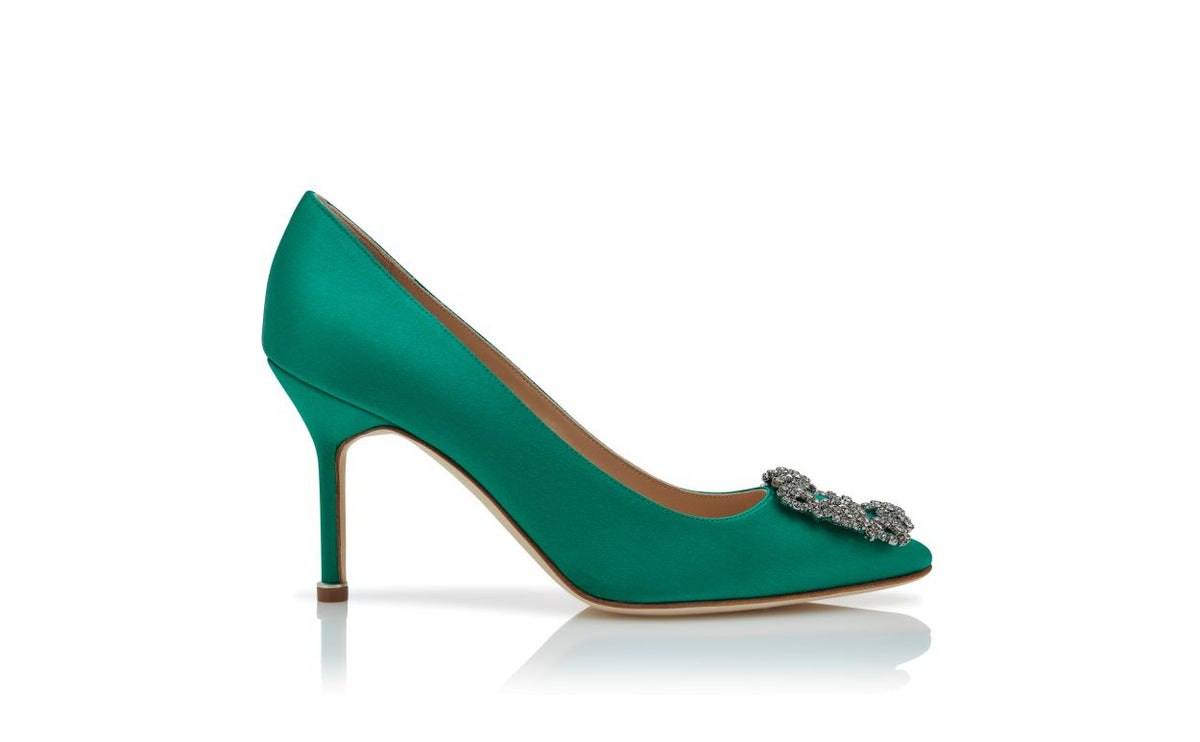 Alessia Élan Green Jewel Buckle Pumps – side profile showing green jewel buckle, crystal buckle, almond toe, satin…