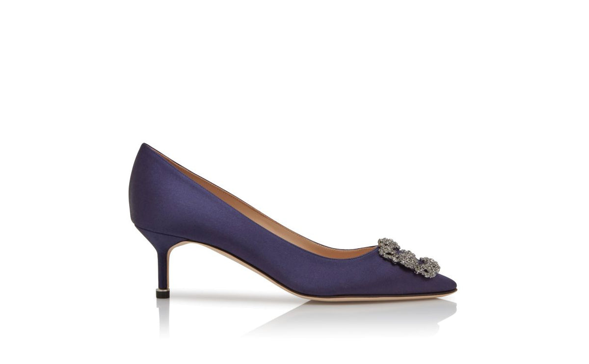 Aurelia Élan Blue Jewel Buckle Pumps – side profile showing blue jewel buckle, crystal buckle, almond toe, satin, Vowalisse
