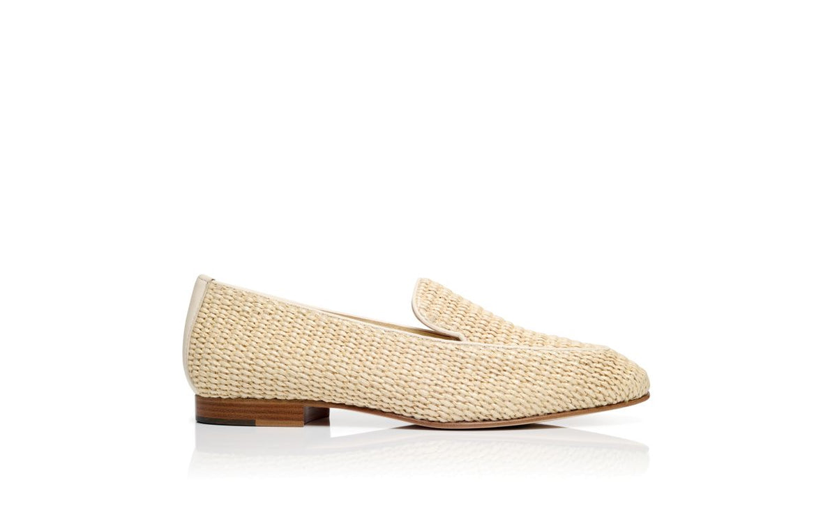 Magnolia Pearl Neutral Nappa Leather Loafers – side profile showing neutral nappa leather, raffia, Vowalisse
