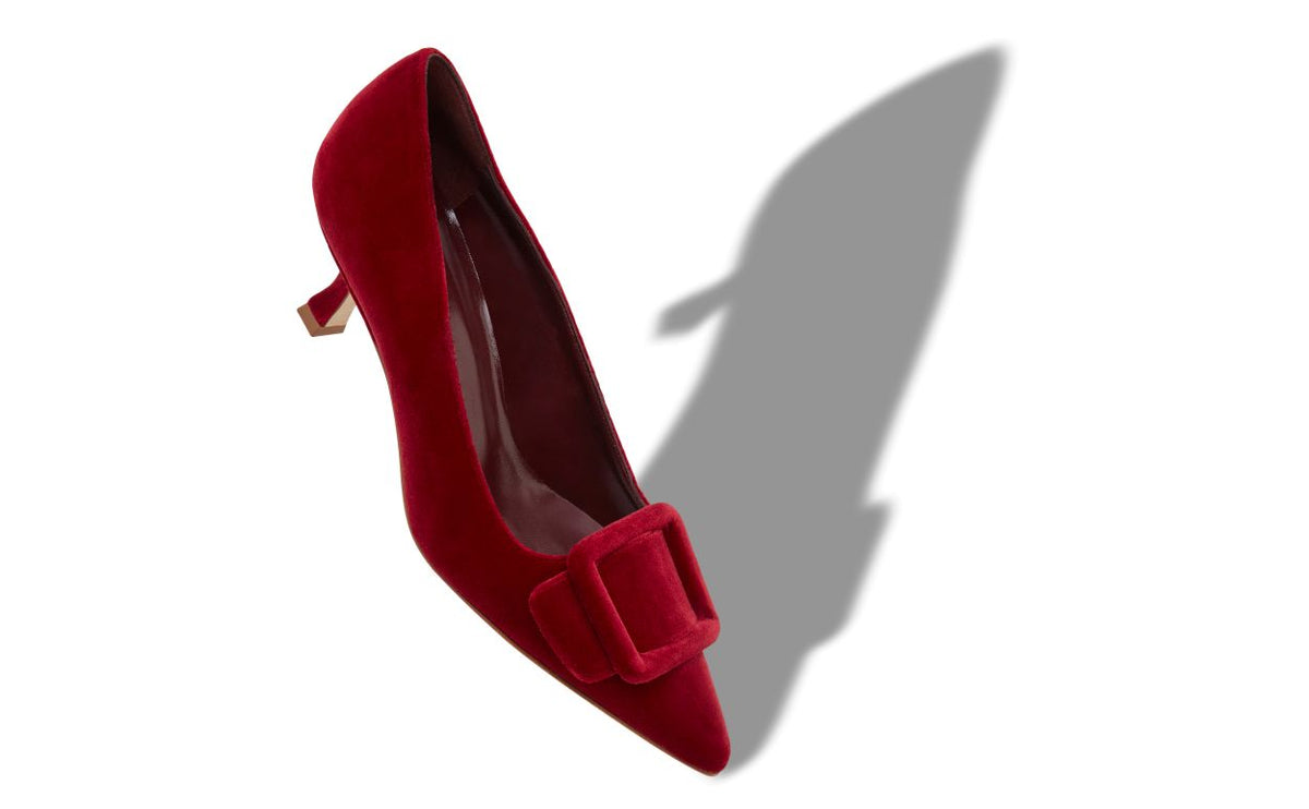 Leonora Flame Red Almond Toe Pumps – front three-quarter view showing red almond toe, velvet, Vowalisse