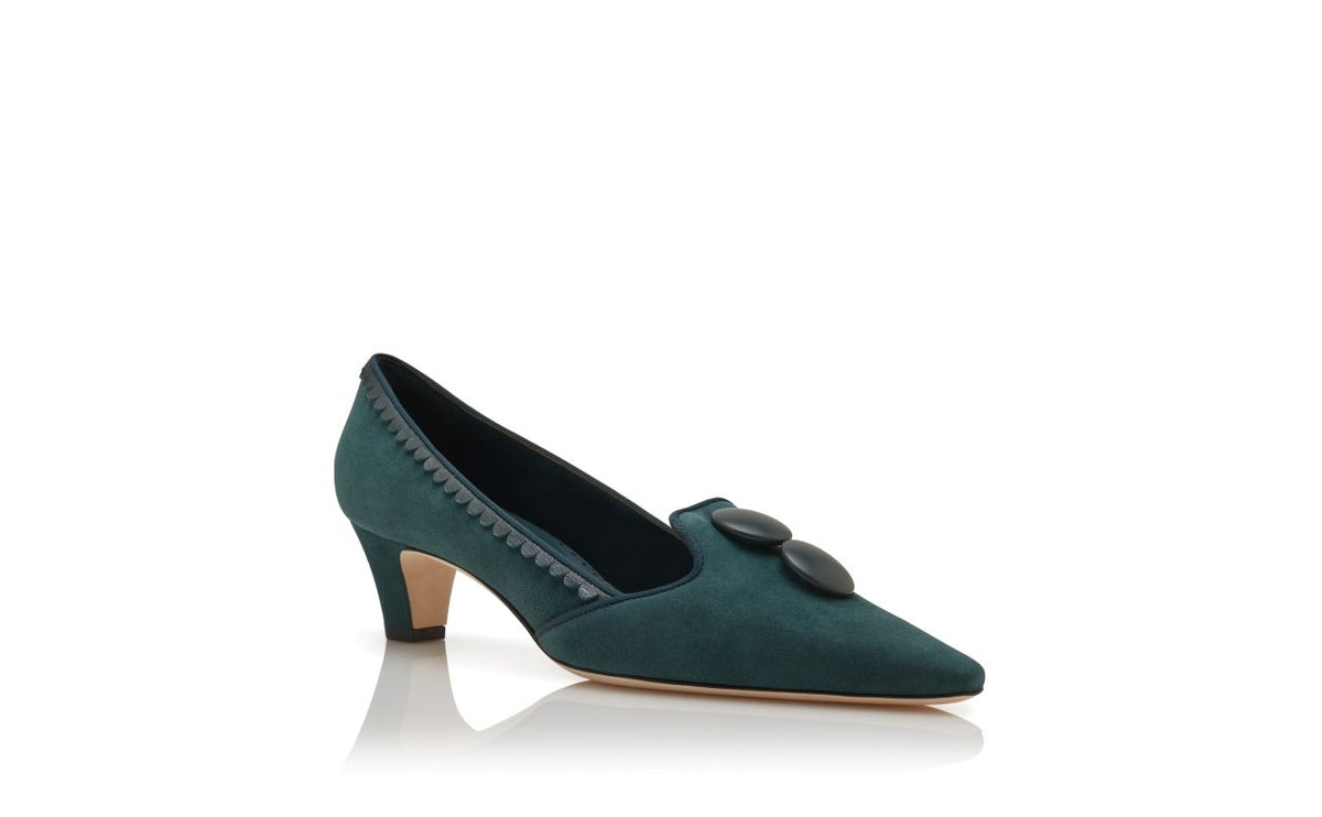 Ophelia Muse Green Button Detail Pumps – top view showing green button detail, almond toe, suede, nappa leather, Vowalisse