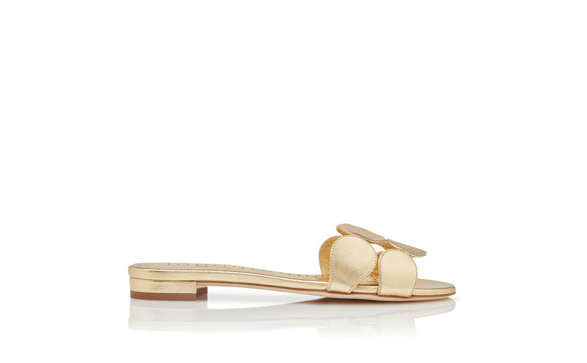 Colette Élan Gold Open Toe Mules – side profile showing gold open toe, nappa leather, Vowalisse