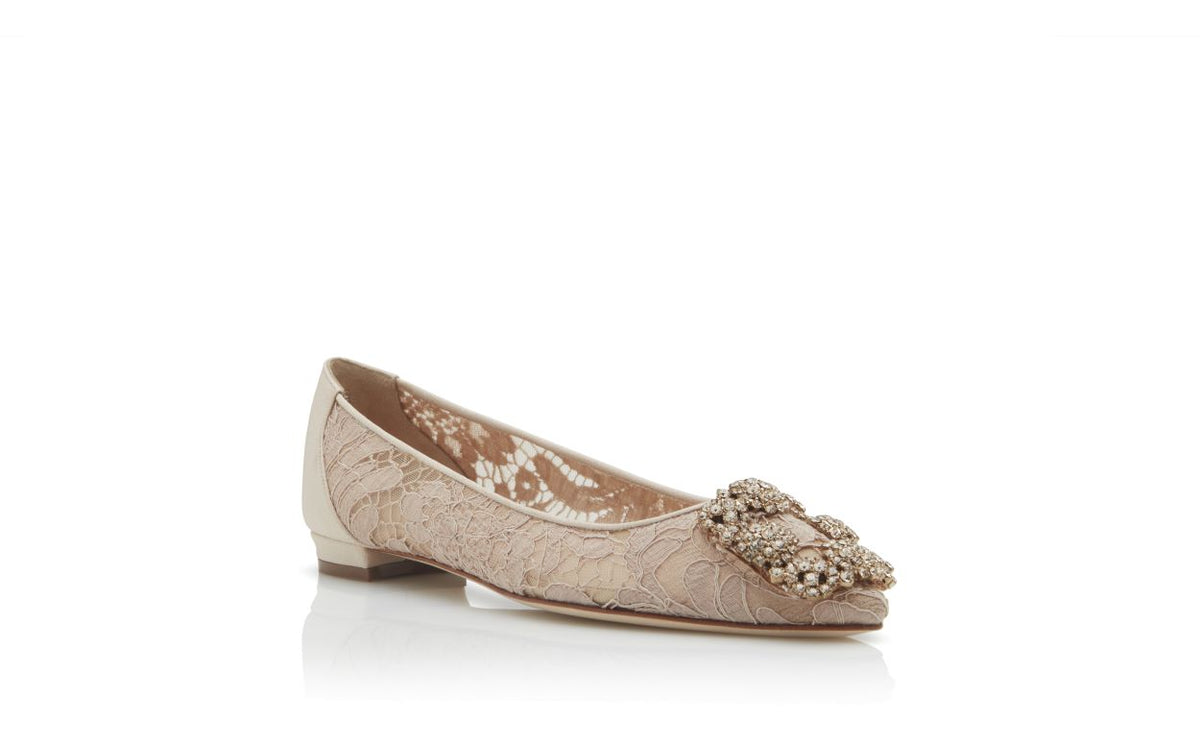 Lucienne Dawn Neutral Jewel Buckle Pumps – top view showing neutral jewel buckle, crystal buckle, almond toe, satin…