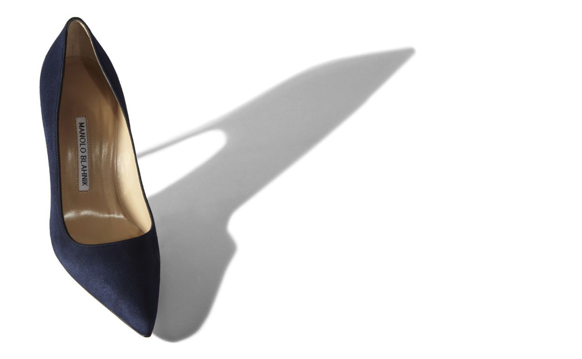 Cressida Bloom Blue Pointed Toe Pumps – front three-quarter view showing blue pointed toe, suede, Vowalisse