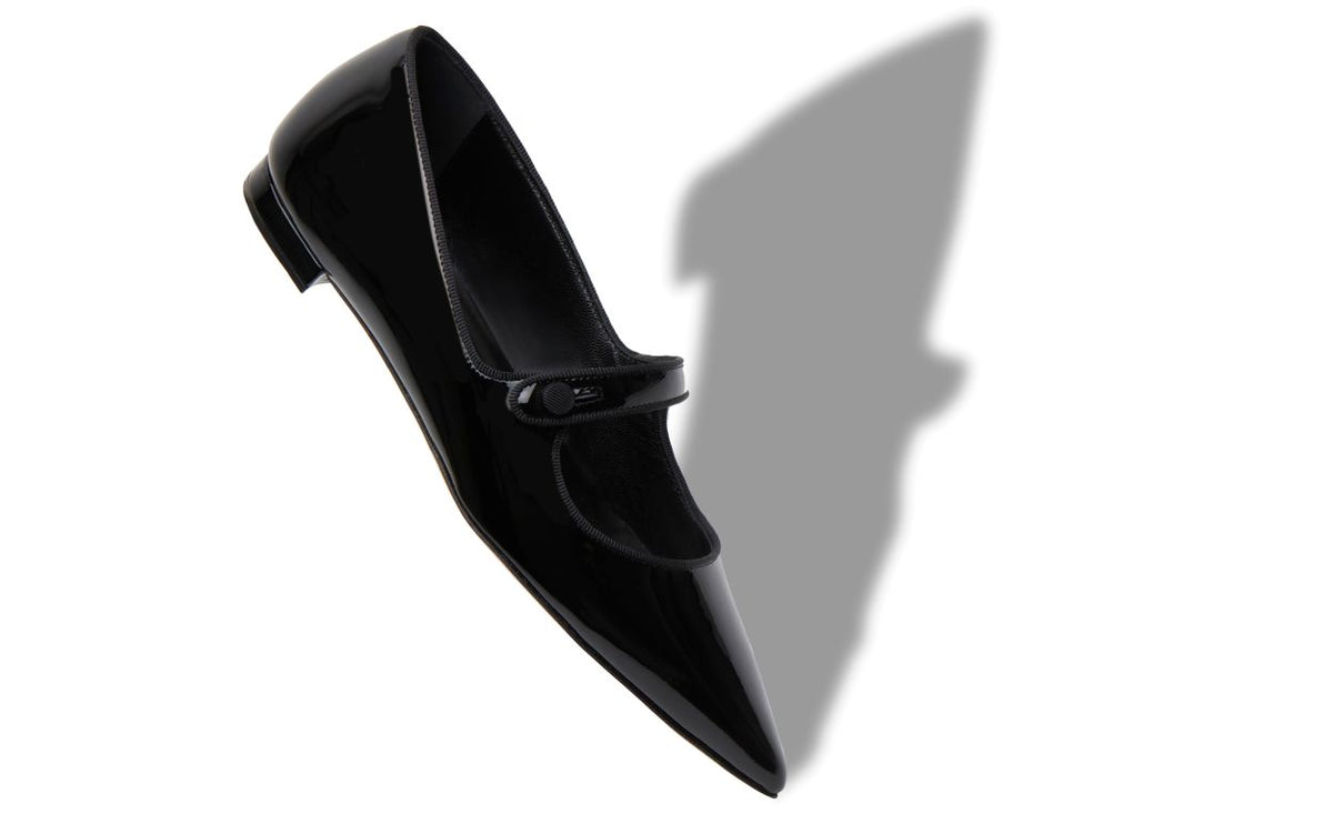 Emmeline Flame Black Pointed Toe Mary Jane Shoes – front three-quarter view showing black pointed toe, patent leather…
