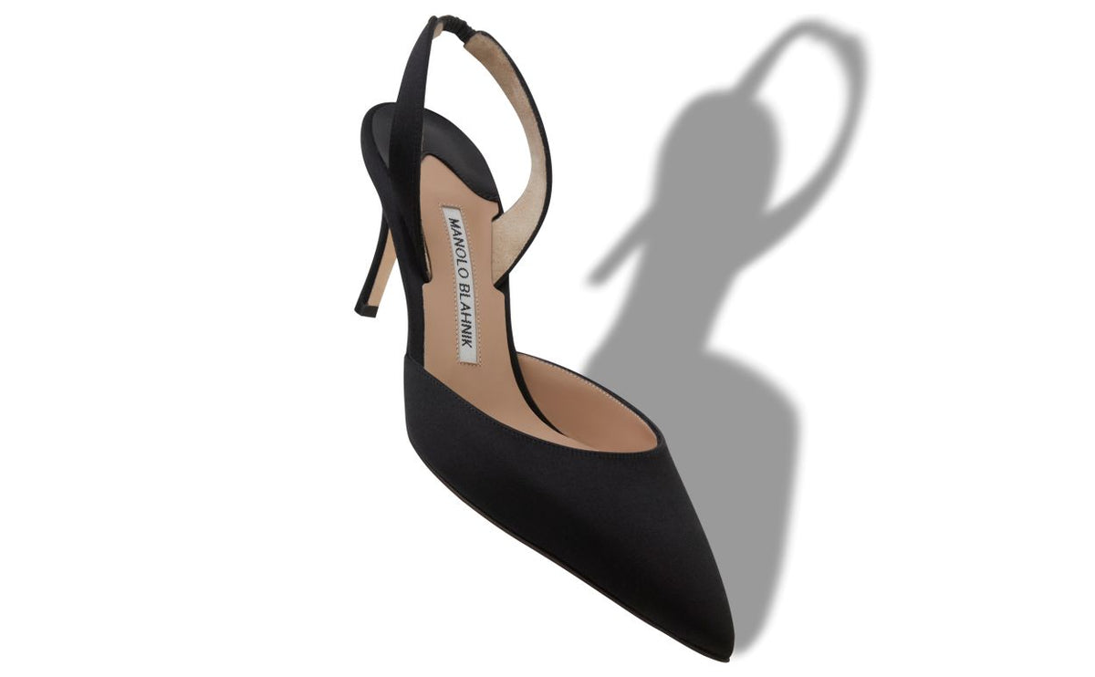 Celeste Dawn Black Slingback Slingbacks – front three-quarter view showing black slingback, pointed toe, satin, Vowalisse