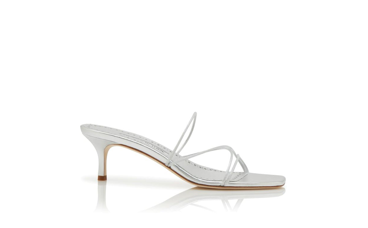 Camellia Flame Silver Open Toe Mules – side profile showing silver open toe, nappa leather, Vowalisse