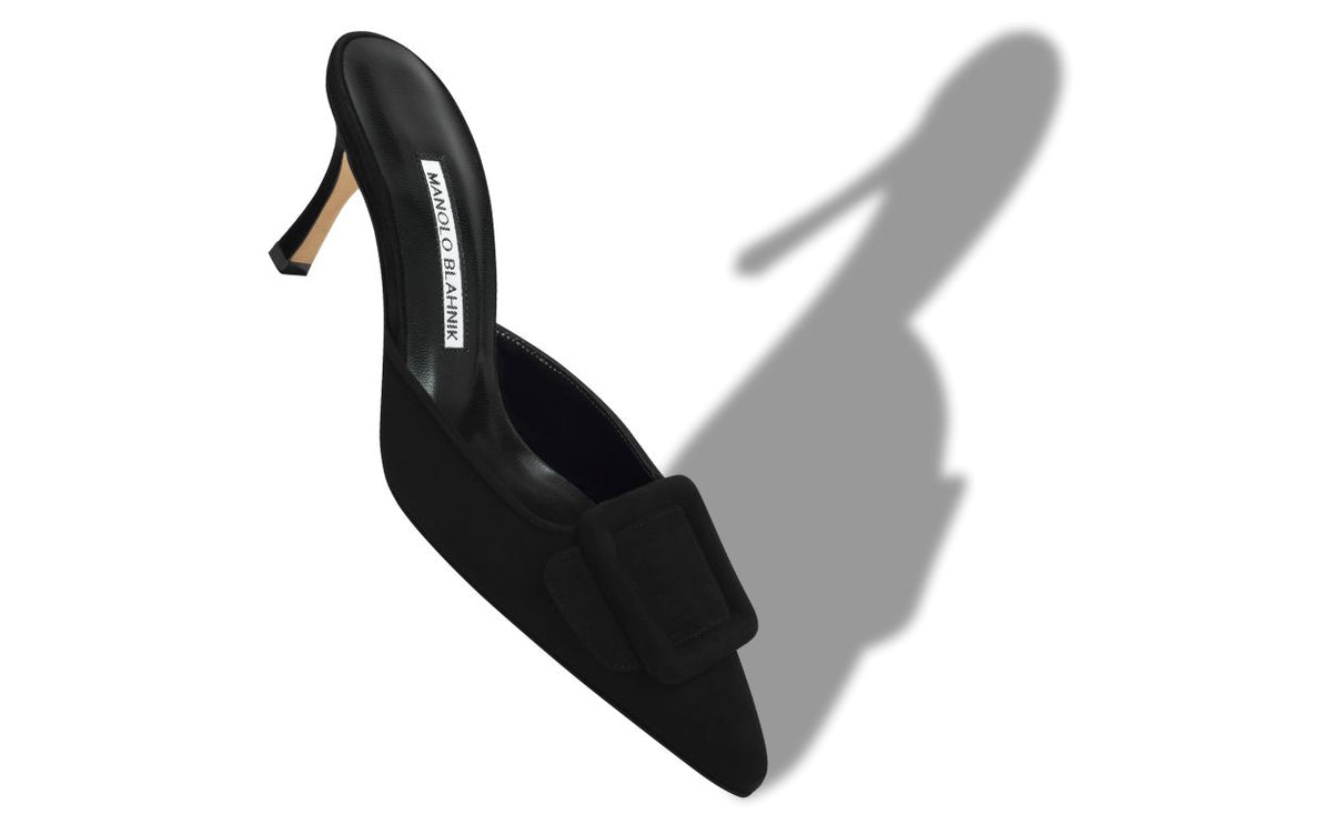 Arabella Dawn Black Pointed Toe Mules – front three-quarter view showing black pointed toe, suede, Vowalisse