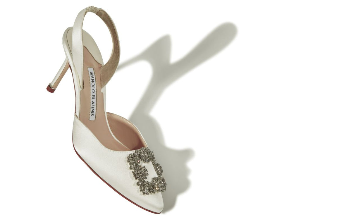 Arabella Belle White Jewel Buckle Slingbacks – front three-quarter view showing white jewel buckle, crystal buckle, ankle…