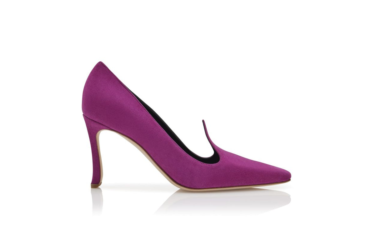 Lucienne Star Purple Almond Toe Pumps – side profile showing purple almond toe, suede, Vowalisse