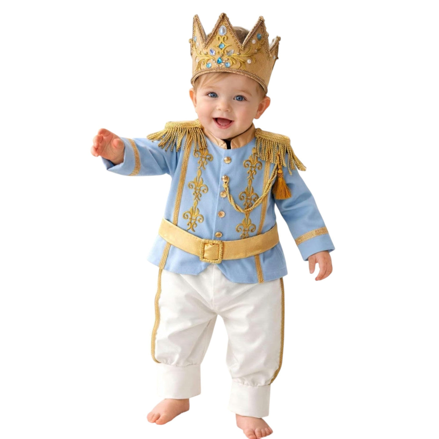 William Navy Blue & Gold Personalized Baby Prince Costume, baby boy first birthday outfit, main product image by Vowalisse