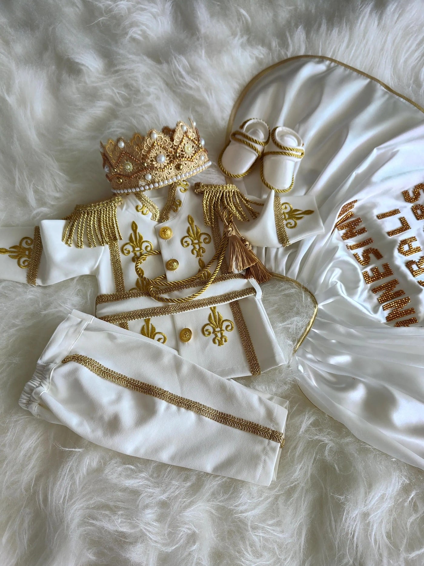 Boys White & Gold Personalized Baby Prince Costume, baby boy first birthday outfit, additional product image 5 by Vowalisse
