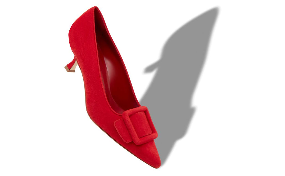 Emmeline Dream Red Pointed Toe Pumps – front three-quarter view showing red pointed toe, suede, Vowalisse