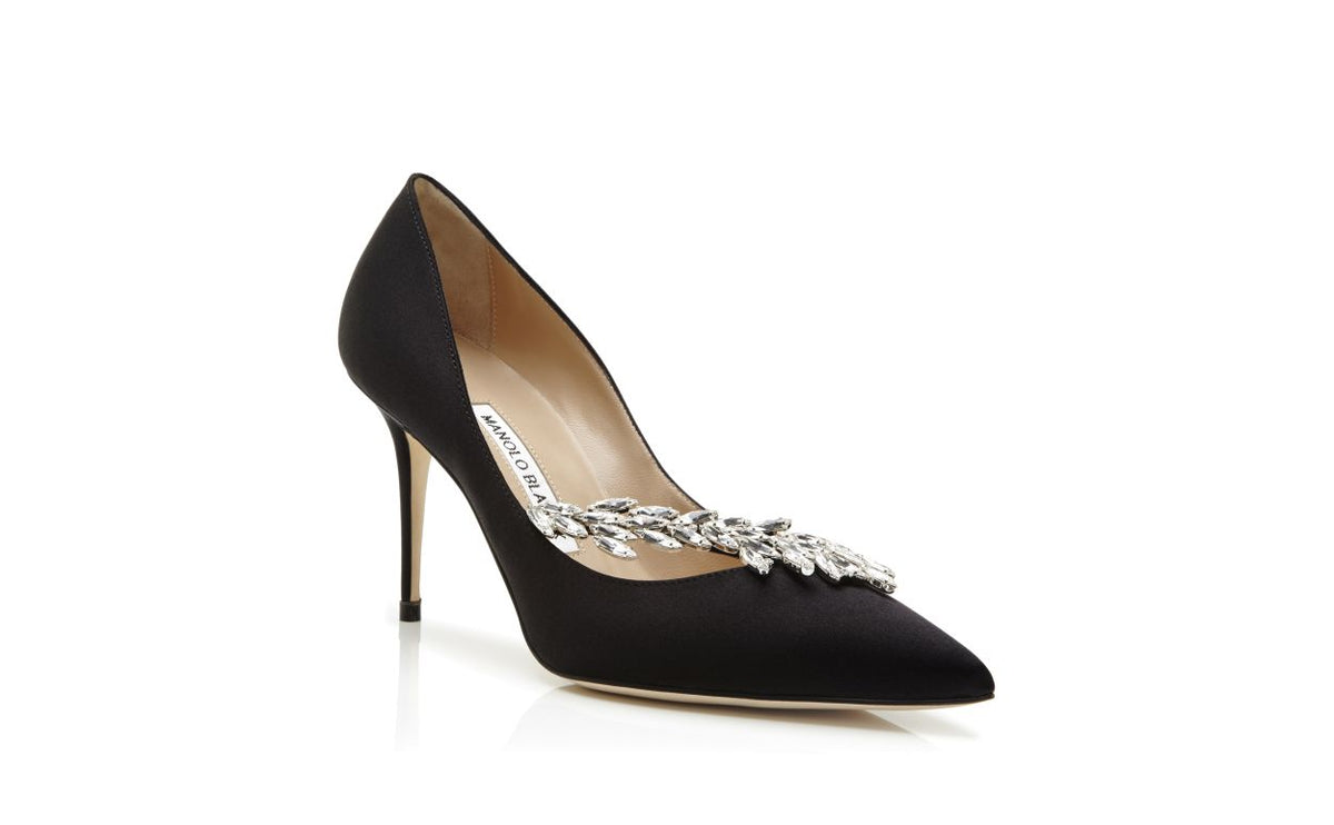 Noelle Crown Black Jewel Buckle Pumps – top view showing black jewel buckle, pointed toe, satin, Vowalisse