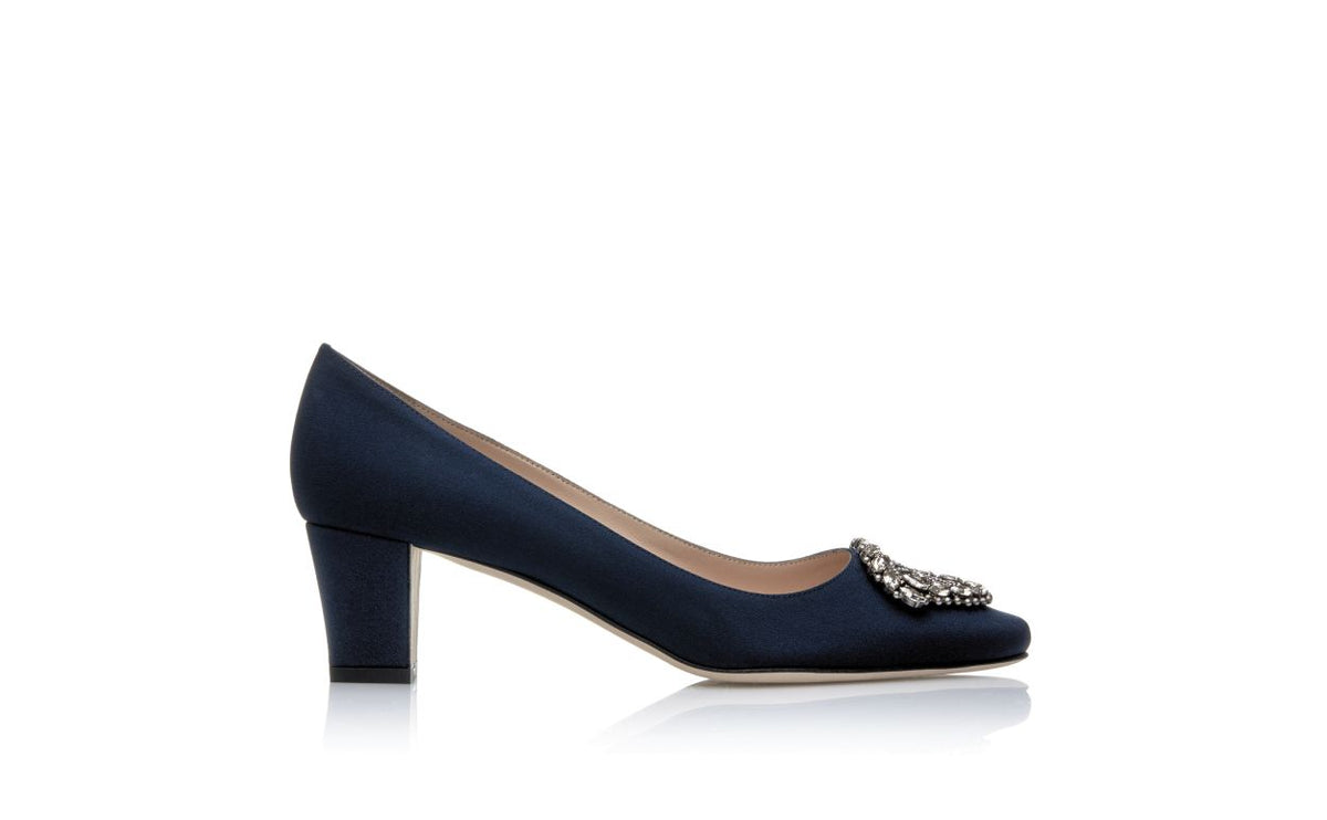 Celeste Élan Blue Jewel Buckle Pumps – side profile showing blue jewel buckle, crystal buckle, almond toe, Vowalisse