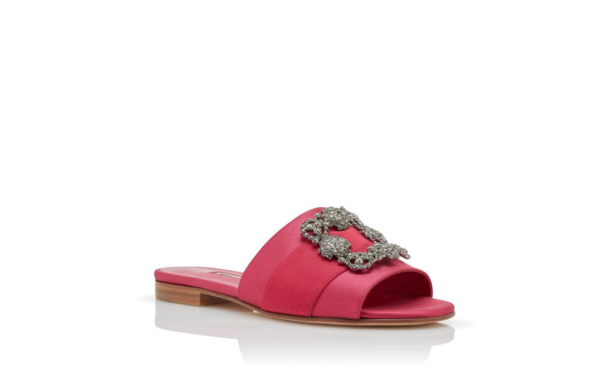 Isadora Shine Pink Jewel Buckle Mules – top view showing pink jewel buckle, crystal buckle, satin, Vowalisse