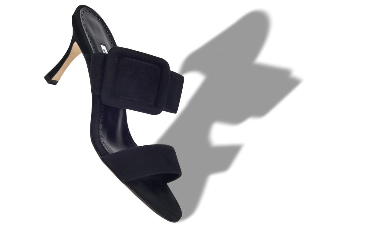 Odette Grace Black Open Toe Mules – front three-quarter view showing black open toe, suede, Vowalisse
